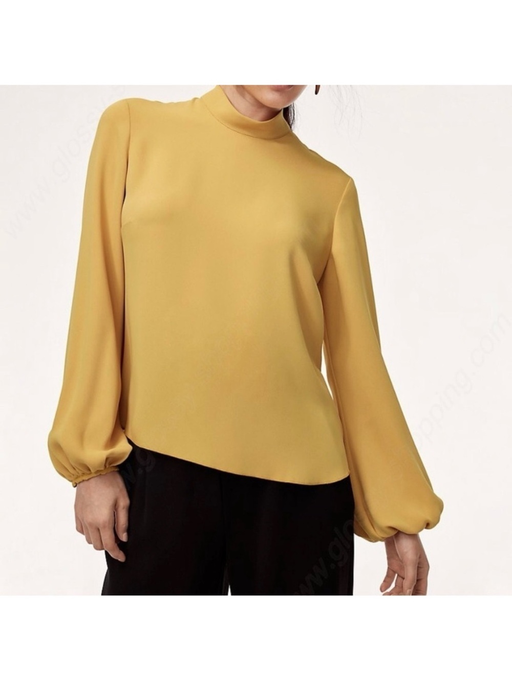 Babaton Granados Blouse Top Mockneck Balloon Sleeve Mustard Yellow NWOT